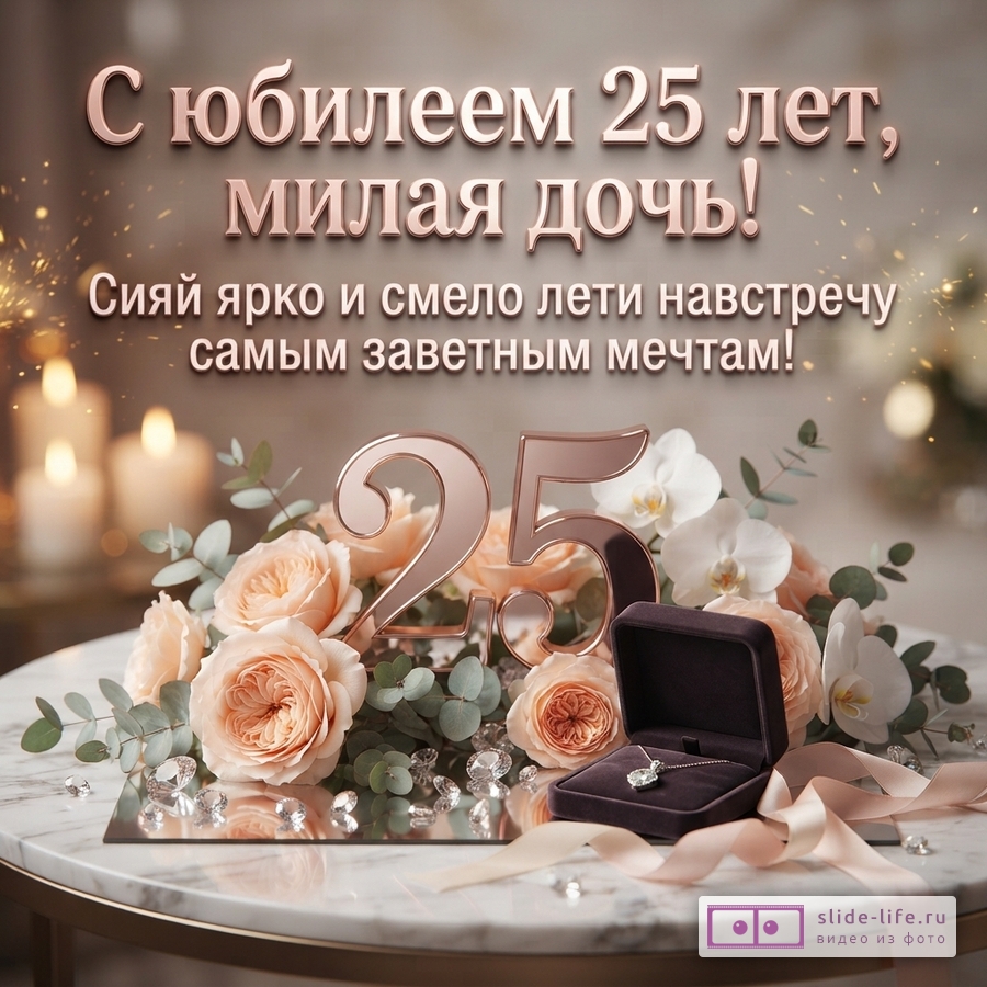 Мраморный столик с розами, цифрой 25, открытой коробочкой с кулоном и надписью «С юбилеем 25 лет, милая дочь! Сияй ярко и смело лети навстречу самым заветным мечтам!».