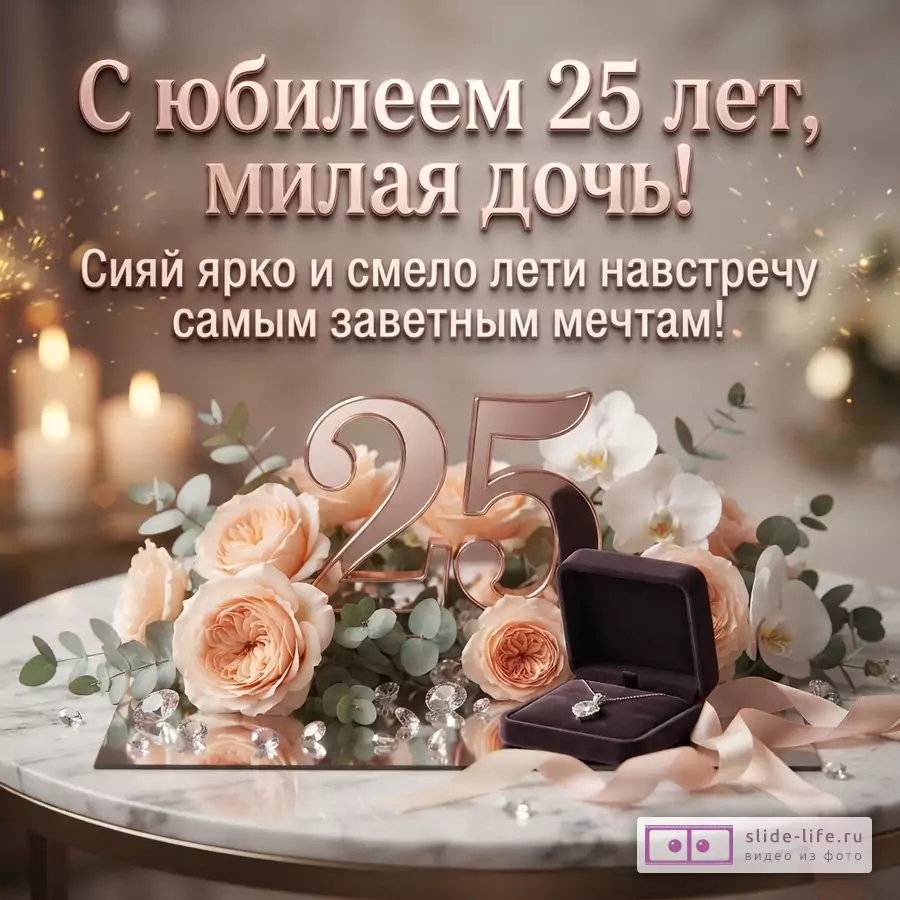 Мраморный столик с розами, цифрой 25, открытой коробочкой с кулоном и надписью «С юбилеем 25 лет, милая дочь! Сияй ярко и смело лети навстречу самым заветным мечтам!».