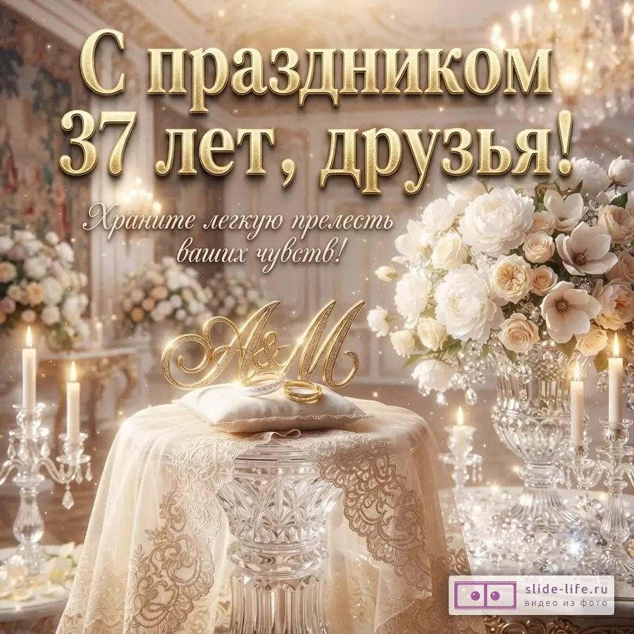 Открытка с золотыми буквами на светлом фоне, букет белых цветов, свечи, обручальные кольца. Текст: «С праздником 37 лет, друзья! Храните легкую прелесть ваших чувств!»