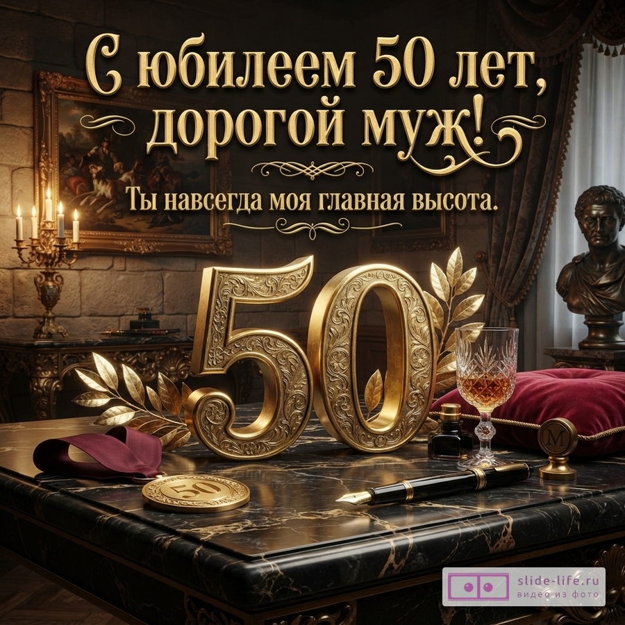 Открытка с черным фоном, золотыми буквами и цифрой «50». На столе лежат ручка, бокал с напитком, медальон. Текст: «С юбилеем 50 лет, дорогой муж! Ты навсегда моя главная высота.»