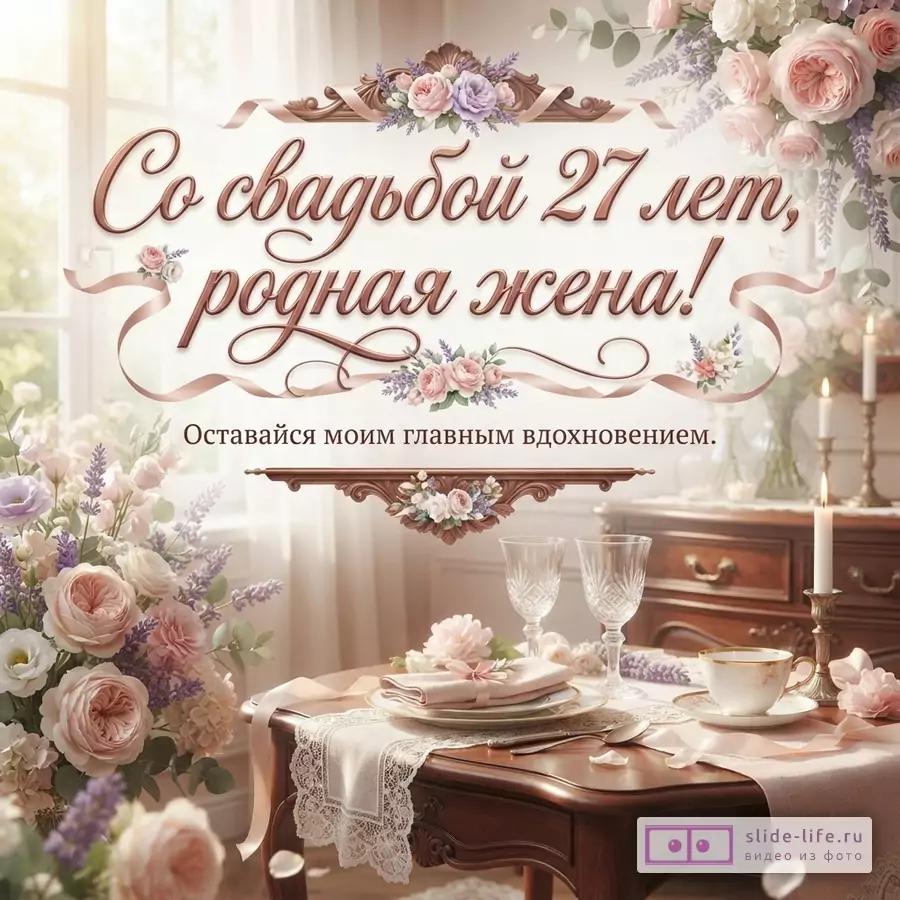 Светлый фон, окно, букеты цветов, накрытый стол с посудой и свечами. В центре рамка с лентами и цветами, внутри текст «Со свадьбой 27 лет, родная жена! Оставайся моим главным вдохновением.»