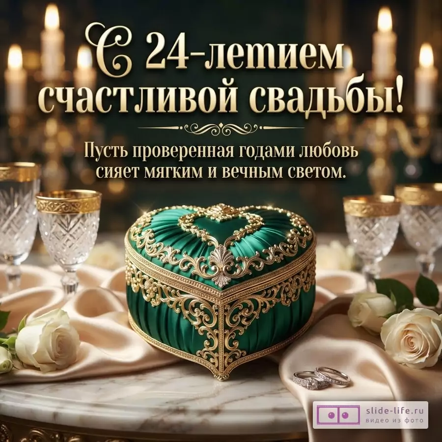 Зеленая шкатулка в форме сердца с золотым узором, кольца, розы, бокалы и надпись «С 24-летием счастливой свадьбы! Пусть проверенная годами любовь сияет мягким и вечным светом.»
