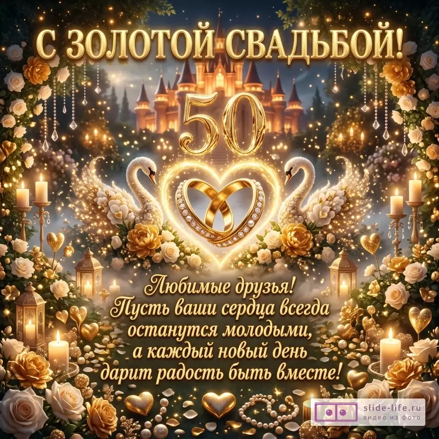 Тёмно-синий фон с золотым свечением, замок, лебеди, кольца, свечи и розы; надписи «С ЗОЛОТОЙ СВАДЬБОЙ!», «50», «Любимые друзья!».