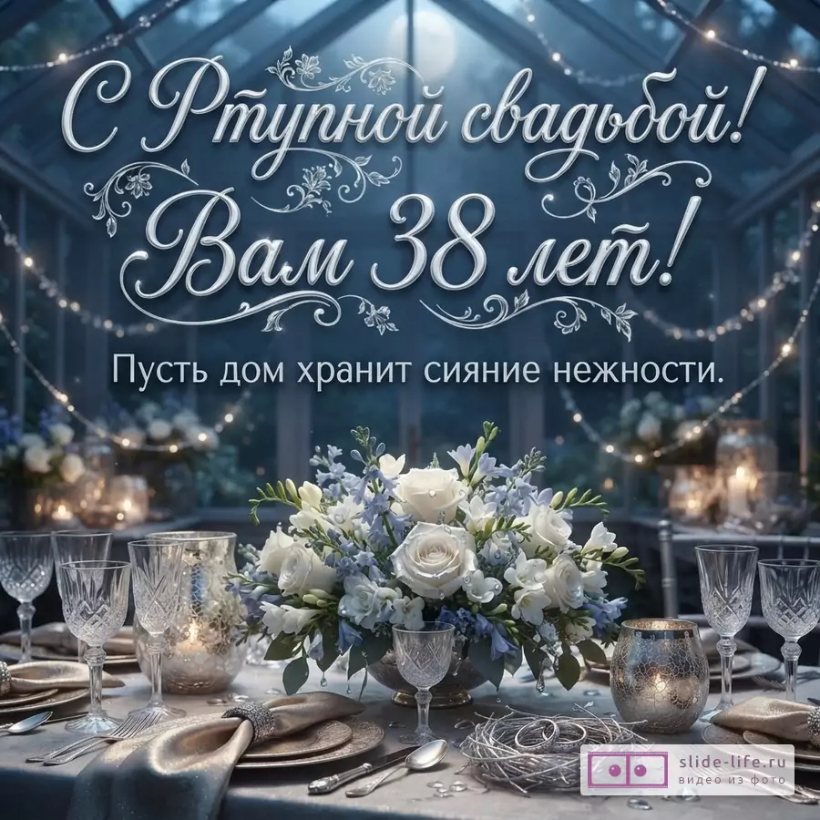 Открытка с Ртутной свадьбой на 38 лет, фон синий, на переднем плане сервированный стол с цветами, свечами и бокалами, текст «С Ртутной свадьбой! Вам 38 лет! Пусть дом хранит сияние нежности.»