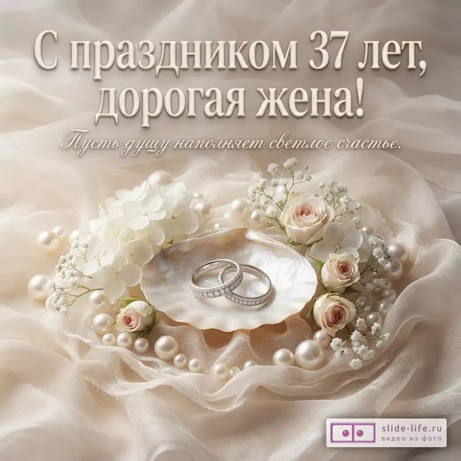 Бежевый фон, бежевая ткань, белые цветы, жемчуг, два кольца в ракушке. Текст «С праздником 37 лет, дорогая жена! Пусть душу наполняет светлое счастье.»