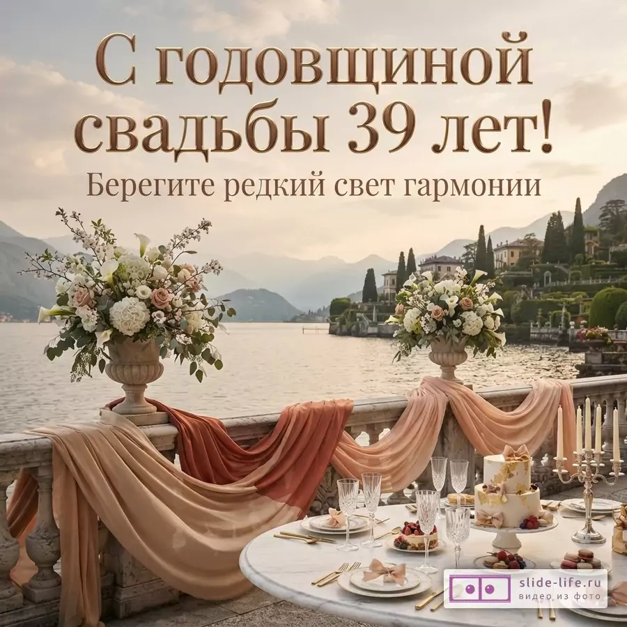 Открытка с видом на озеро и горы, на переднем плане сервированный стол, цветы. Текст: «С годовщиной свадьбы 39 лет! Берегите редкий свет гармонии»