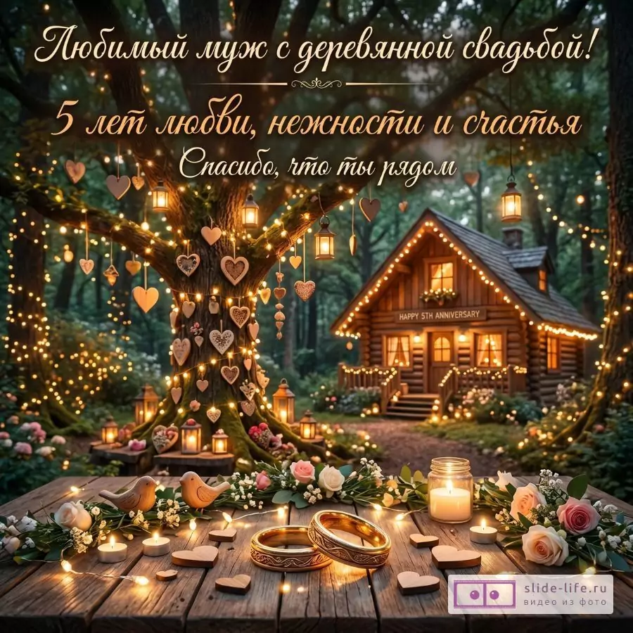 Темно-зеленый лесной фон, дерево с гирляндами и сердцами, деревянный домик, кольца, свечи и розы. «Любимый муж с деревянной свадьбой! 5 лет любви, нежности и счастья Спасибо, что ты рядом»