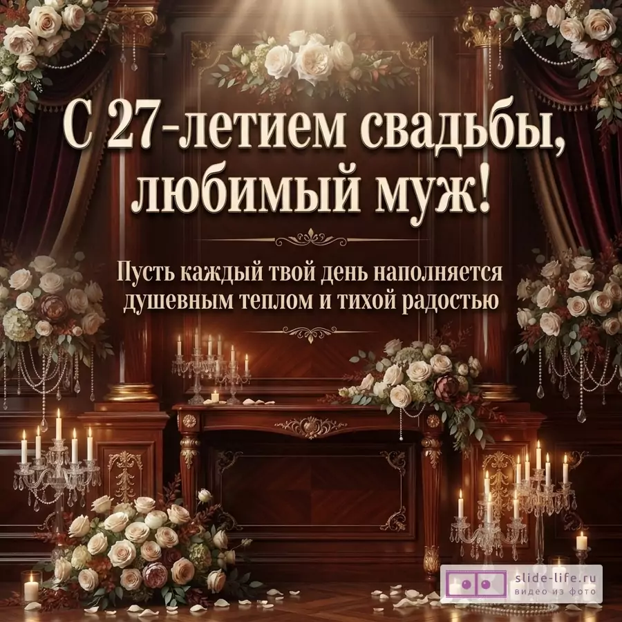 Открытка с красным фоном, цветами и свечами. Текст: «С 27-летием свадьбы, любимый муж! Пусть каждый твой день наполняется душевным теплом и тихой радостью»