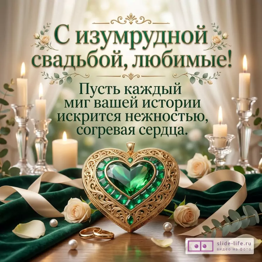 Бежевая открытка с зелёным и золотым оформлением, свечи в стеклянных подсвечниках, белые розы, ленты, жемчуг, кольца, кулон-сердце с изумрудом, текст «С изумрудной свадьбой, любимые! Пусть каждый миг вашей истории искрится нежностью, согревая сердца.»
