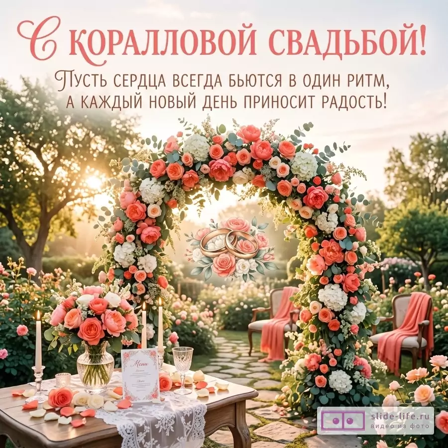 Садовая свадебная композиция на светлом фоне, цветочная арка с розами, стол и кресла; текст: «С коралловой свадьбой! Пусть сердца всегда бьются в один ритм, а каждый новый день приносит радость!»