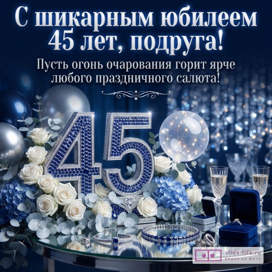 Темно-синий фон с воздушными шарами. В центре крупные цифры «45» из серебра с синими камнями. Вокруг цифр белые и голубые цветы, ювелирные украшения, бокал шампанского. Текст «С шикарным юбилеем 45 лет, подруга!» и «Пусть огонь очарования горит ярче любого праздничного салюта!»