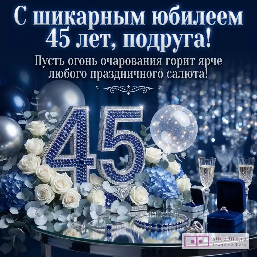 Темно-синий фон с воздушными шарами. В центре крупные цифры «45» из серебра с синими камнями. Вокруг цифр белые и голубые цветы, ювелирные украшения, бокал шампанского. Текст «С шикарным юбилеем 45 лет, подруга!» и «Пусть огонь очарования горит ярче любого праздничного салюта!»