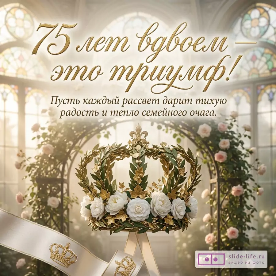 Золотая корона с белыми цветами и лентой на фоне оранжереи с розами и витражами, надпись: «75 лет вдвоем — это триумф! Пусть каждый рассвет дарит тихую радость и тепло семейного очага.»