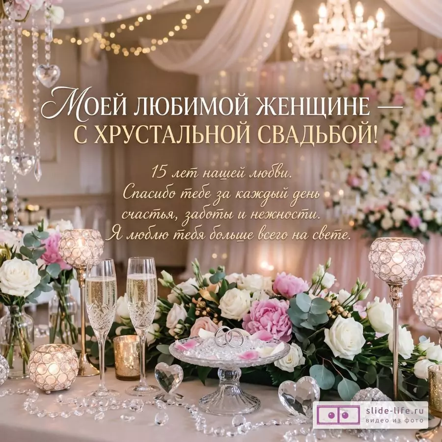 Поздравление жене с 15 годовщиной свадьбы — открытка на хрустальную свадьбу любимой женщине