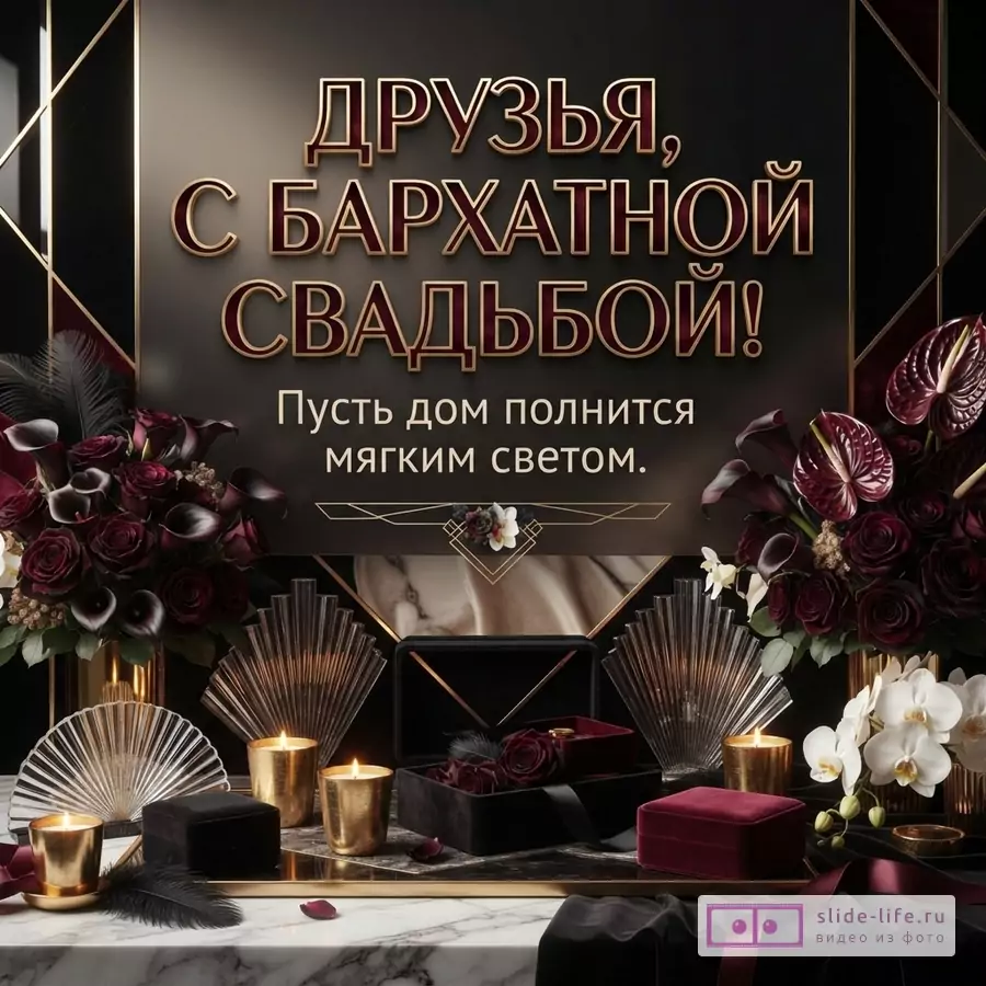 Темный фон, бордово-золотая открытка с текстом «Друзья, с БАРХАТНОЙ СВАДЬБОЙ! Пусть дом полнится мягким светом.», цветочные композиции, свечи, декоративные веера, подарочные коробки.