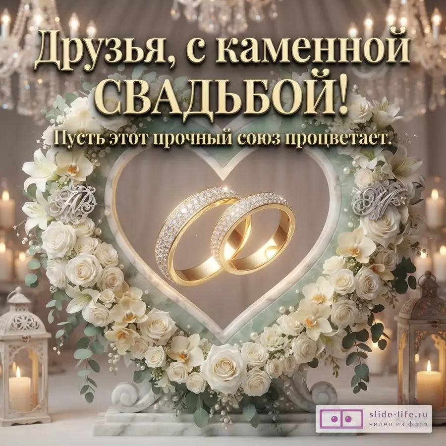 Фон с люстрами и свечами, в центре композиция из белых роз и зелени в форме сердца, внутри сердца два золотых обручальных кольца с бриллиантами. Текст «Друзья, с каменной СВАДЬБОЙ! Пусть этот прочный союз процветает.»