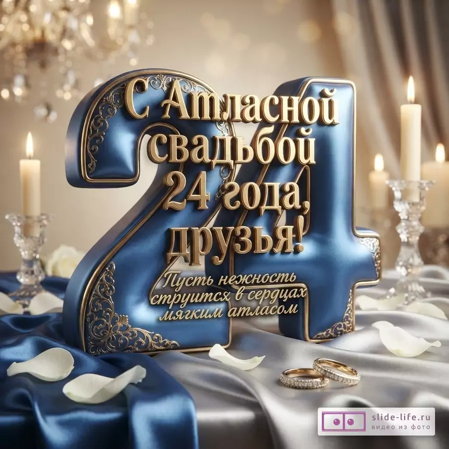 Объемная синяя цифра 24 с золотой надписью «С Атласной свадьбой 24 года, друзья!», обручальные кольца, свечи и лепестки на шелковой ткани
