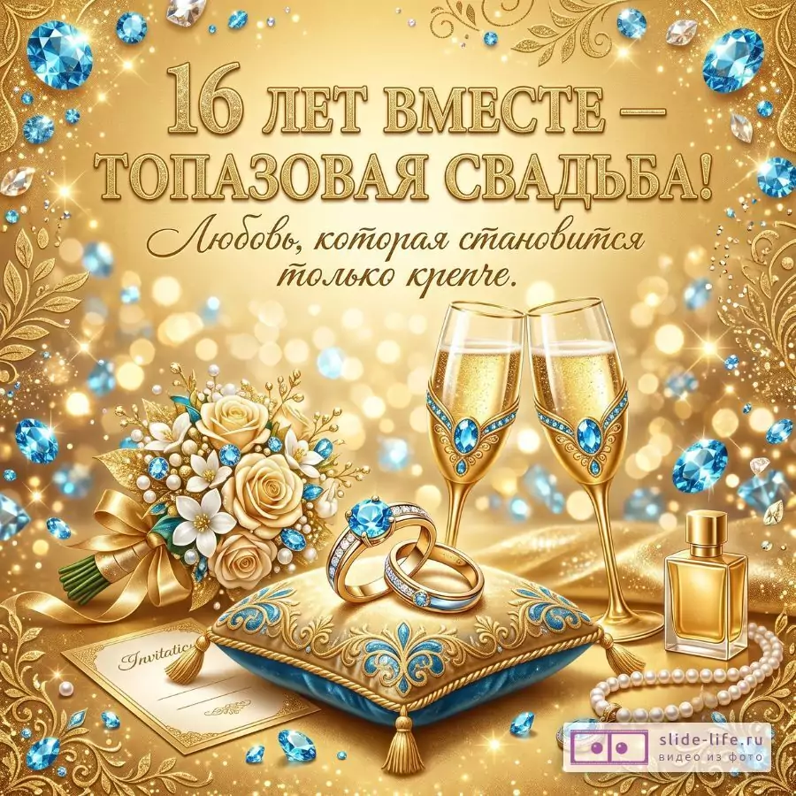 Золотистый фон с сиянием и голубыми топазами, кольца на подушке, букет, два бокала, флакон духов и жемчуг. Текст: «16 ЛЕТ ВМЕСТЕ — ТОПАЗОВАЯ СВАДЬБА! Любовь, которая становится только крепче.»
