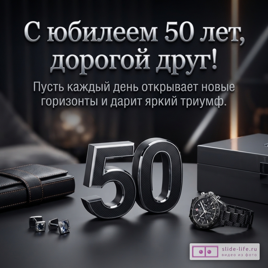 Черный фон, сверху текст серебристого цвета «С юбилеем 50 лет, дорогой друг! Пусть каждый день открывает новые горизонты и дарит яркий триумф.». Внизу на столе лежат цифры 50, кошелек, запонки и часы.
