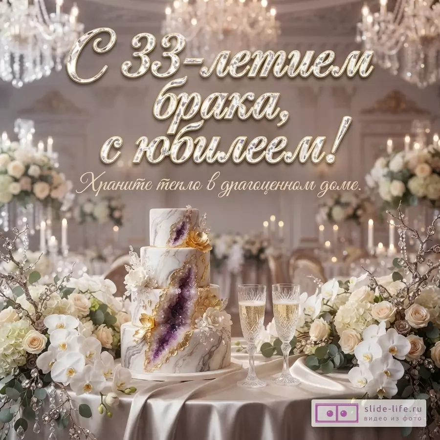 Светлый фон, люстры, праздничный стол. На столе торт, два бокала с шампанским, цветы. Текст «С 33-летием брака, с юбилеем! Храните тепло в драгоценном доме.»