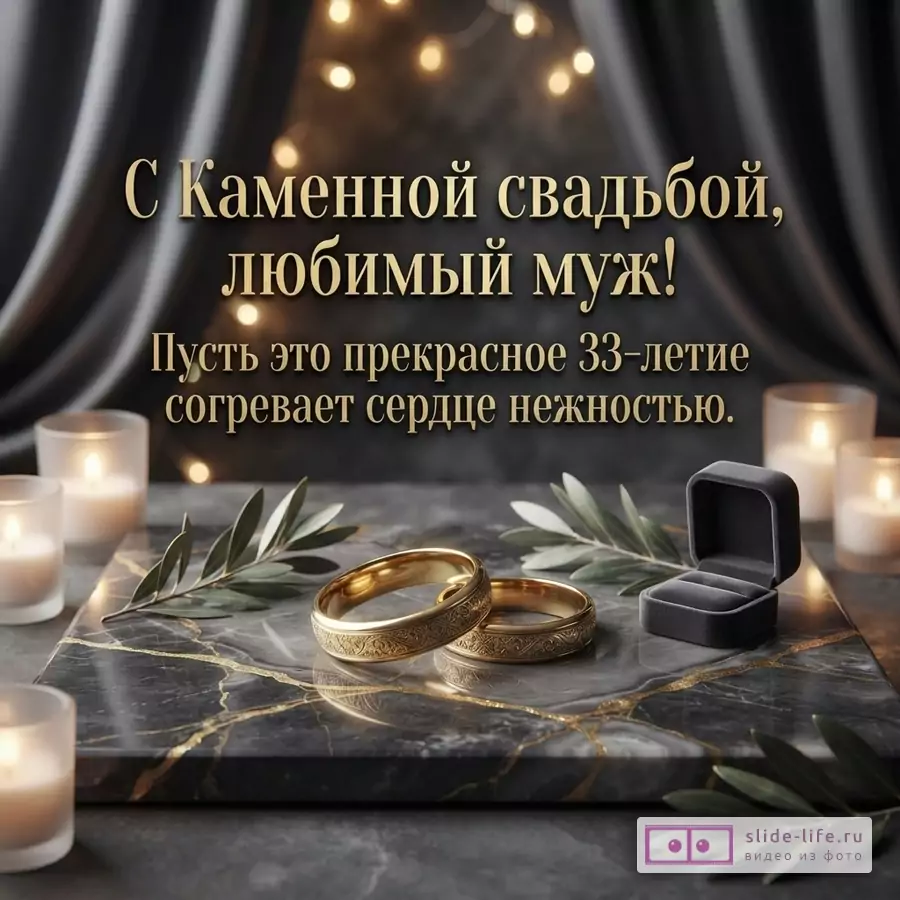Темный фон, золотые буквы, гирлянда, свечи, мраморная подставка, два золотых кольца, открытая черная коробочка, ветки оливы. Текст: «С Каменной свадьбой, любимый муж! Пусть это прекрасное 33-летие согревает сердце нежностью.»