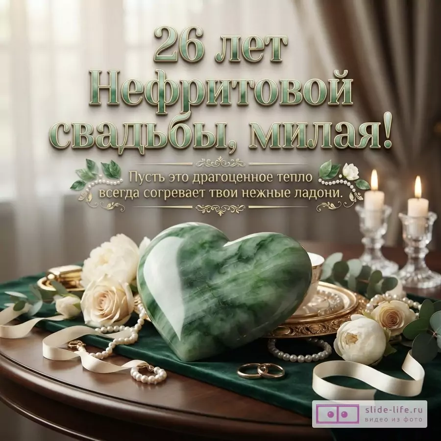 Открытка с текстом «26 лет Нефритовой свадьбы, милая! Пусть это драгоценное тепло всегда согревает твои нежные ладони.», нефритовое сердце, белые розы и горящие свечи на столе