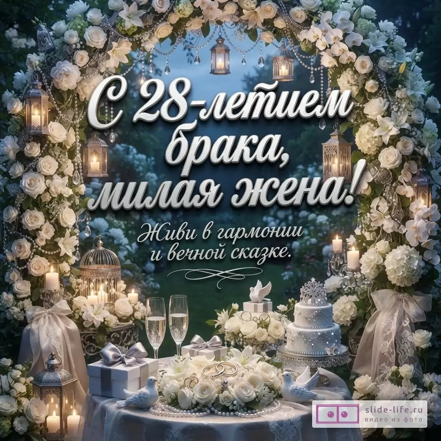 Открытка с белыми цветами, аркой, фонарями, свечами, бокалами шампанского, подарками и тортом на фоне сада. Текст: «С 28-летием брака, милая жена! Живи в гармонии и вечной сказке.»