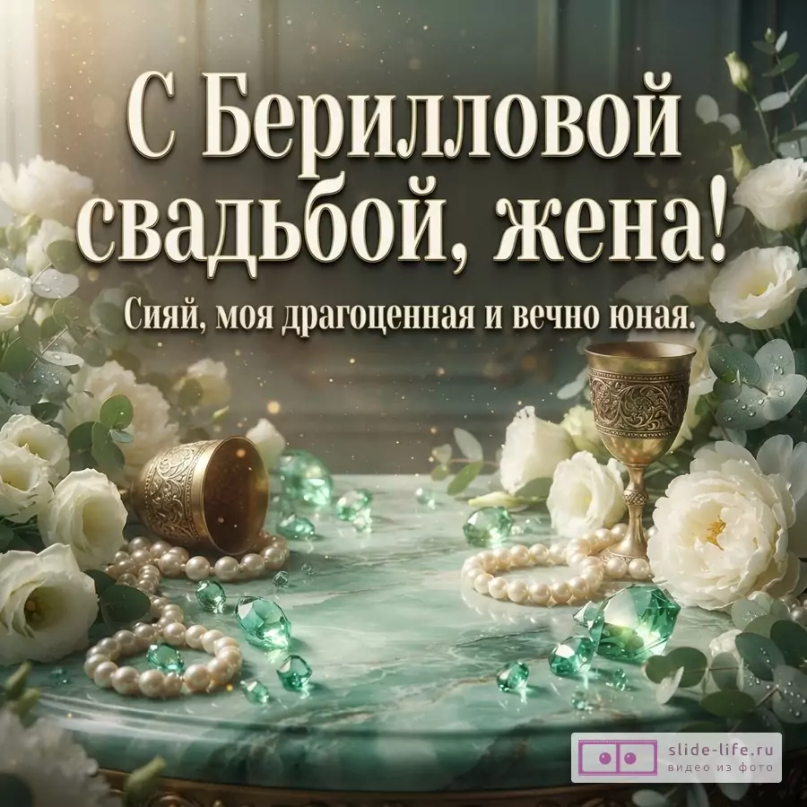 Зеленый мраморный столик с белыми розами, жемчугом, кристаллами берилла и золотыми кубками. Текст: «С Берилловой свадьбой, жена! Сияй, моя драгоценная и вечно юная.»