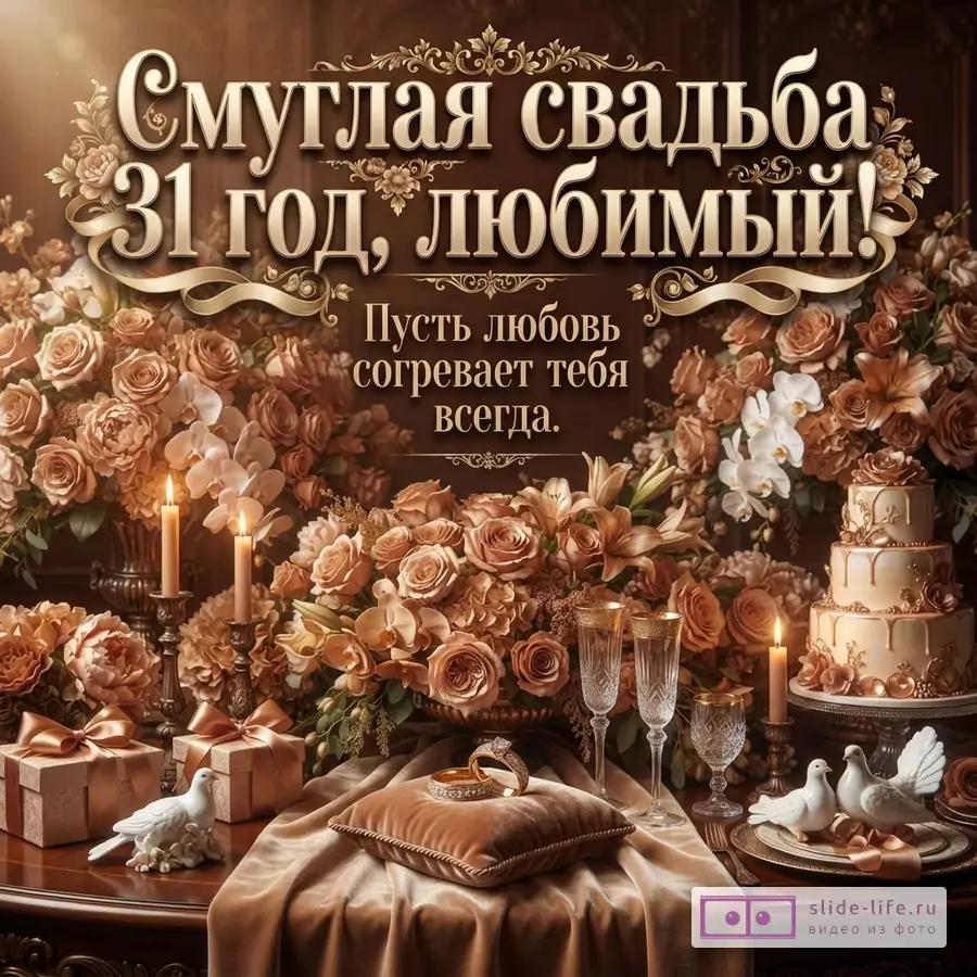 Коричнево-золотая открытка с цветами, свечами, тортом, подарками и текстом «Смуглая свадьба 31 год, любимый! Пусть любовь согревает тебя всегда.»
