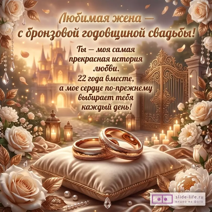 Бежево-золотая открытка с розами, свечами, замком и обручальными кольцами на подушке. Текст: «Любимая жена — с бронзовой годовщиной свадьбы!»