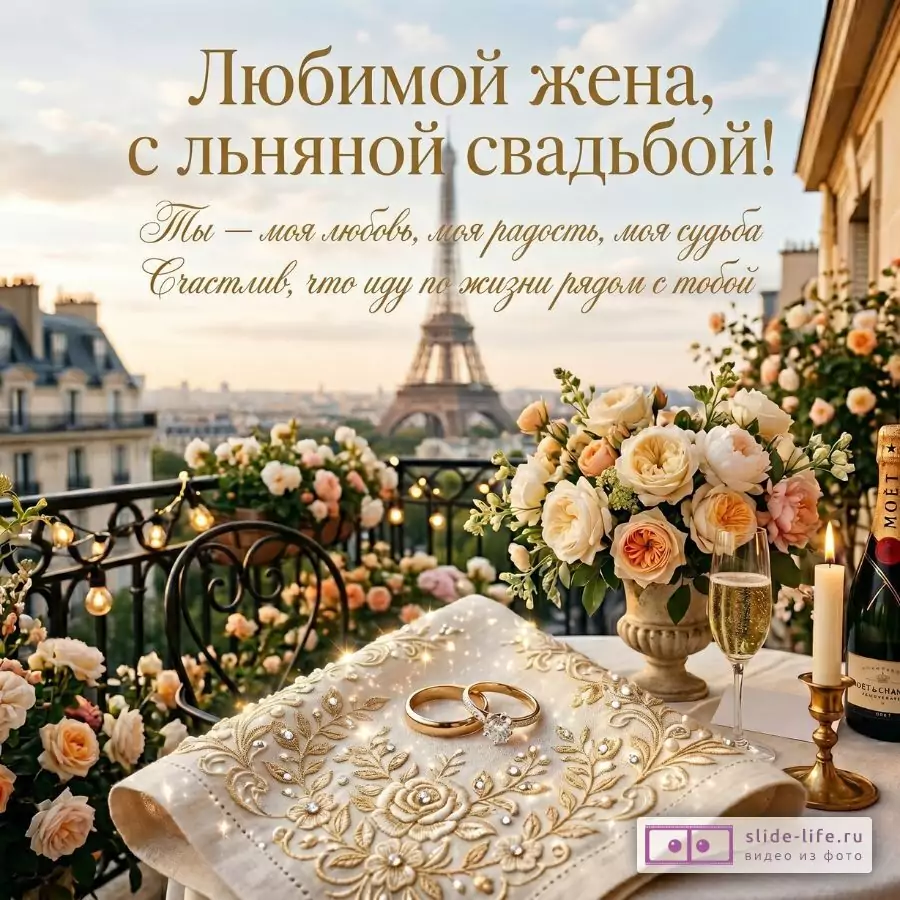 Бежево-голубой фон, терраса с цветами, вышитая льняная ткань с обручальными кольцами, бокал и свеча. Текст: «Любимой жена, с льняной свадьбой! Ты — моя любовь, моя радость, моя судьба...»