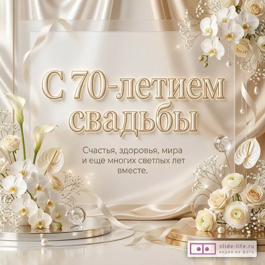 Бежевая поздравительная открытка с белыми орхидеями, каллами, розами, лентами и жемчугом, текст «С 70-летием свадьбы Счастья, здоровья, мира и еще многих светлых лет вместе.»