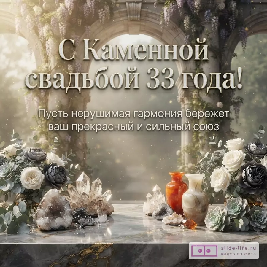 Фон с арками, увитыми цветами, на переднем плане мраморный стол с цветами, кристаллами и вазами. Текст: «С Каменной свадьбой 33 года! Пусть нерушимая гармония бережет ваш прекрасный и сильный союз»