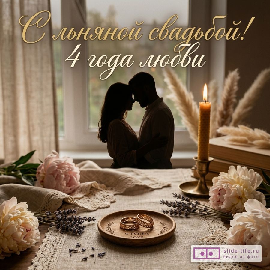 Льняная свадьба 4 года — душевная открытка с поздравлением