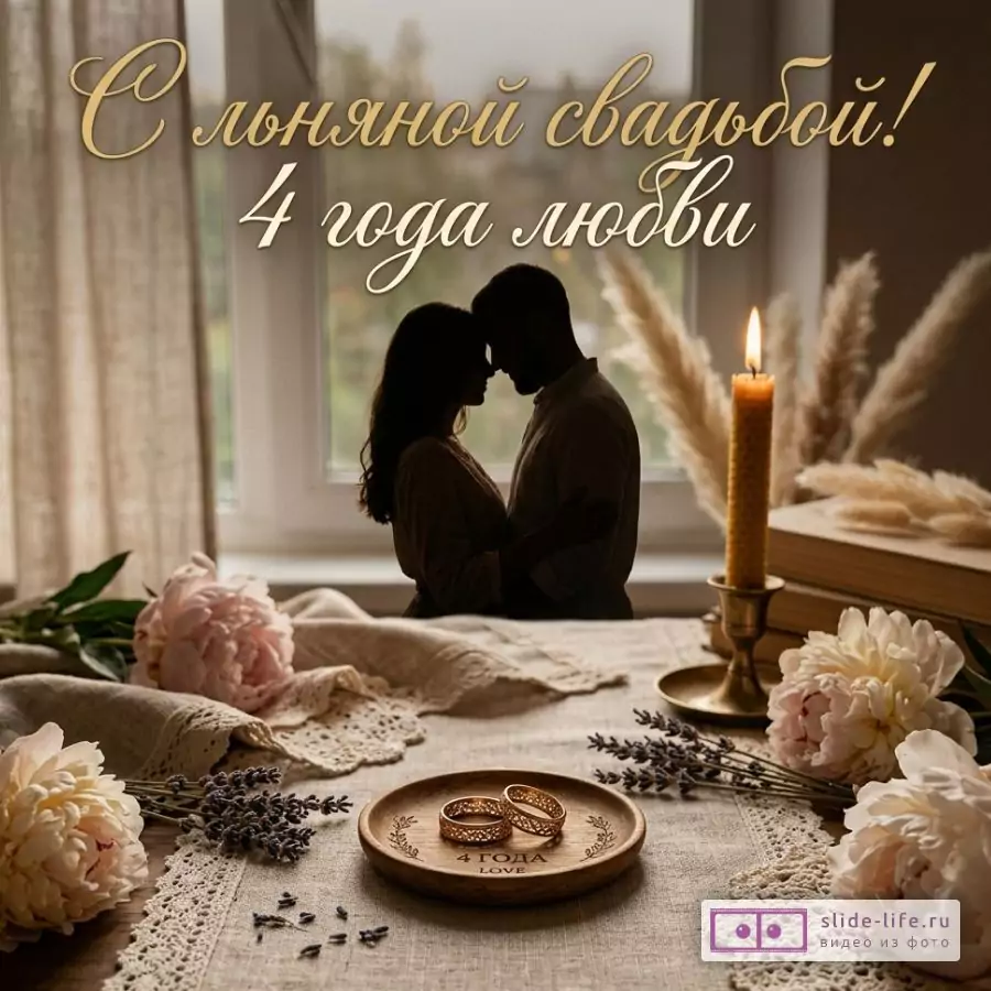 Льняная свадьба 4 года — душевная открытка с поздравлением