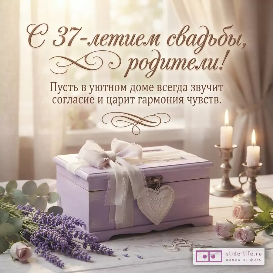 Фон светлый, бежевый. В центре открытки текст коричневым шрифтом «С 37-летием свадьбы, родители! Пусть в уютном доме всегда звучит согласие и царит гармония чувств.». Внизу сиреневая шкатулка с бантом, лаванда, розы, обручальные кольца, свечи.