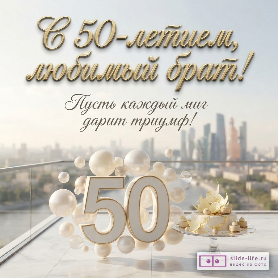 Фон городской пейзаж, небо. В центре золотые буквы «С 50-летием, любимый брат! Пусть каждый миг дарит триумф!». Внизу крупные цифры 50, шары и торт.
