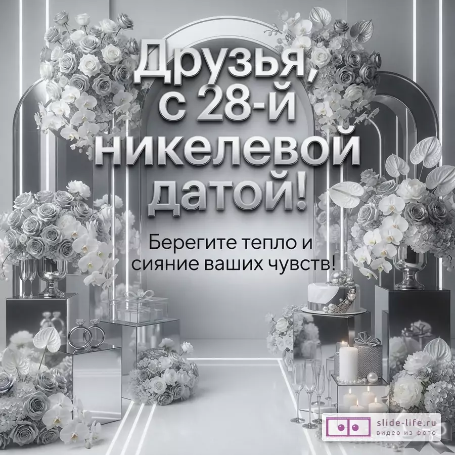 Светло-серый фон, серебристые арки, белые и серые цветы, свечи, обручальные кольца, торт. Текст: «Друзья, с 28-й никелевой датой! Берегите тепло и сияние ваших чувств!»