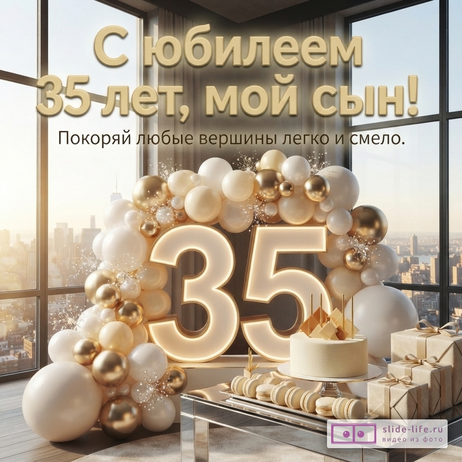 Объемная светящаяся цифра 35 в окружении бежевых и золотых шаров, торт и подарки у панорамного окна с надписью «С юбилеем 35 лет, мой сын! Покоряй любые вершины легко и смело.»