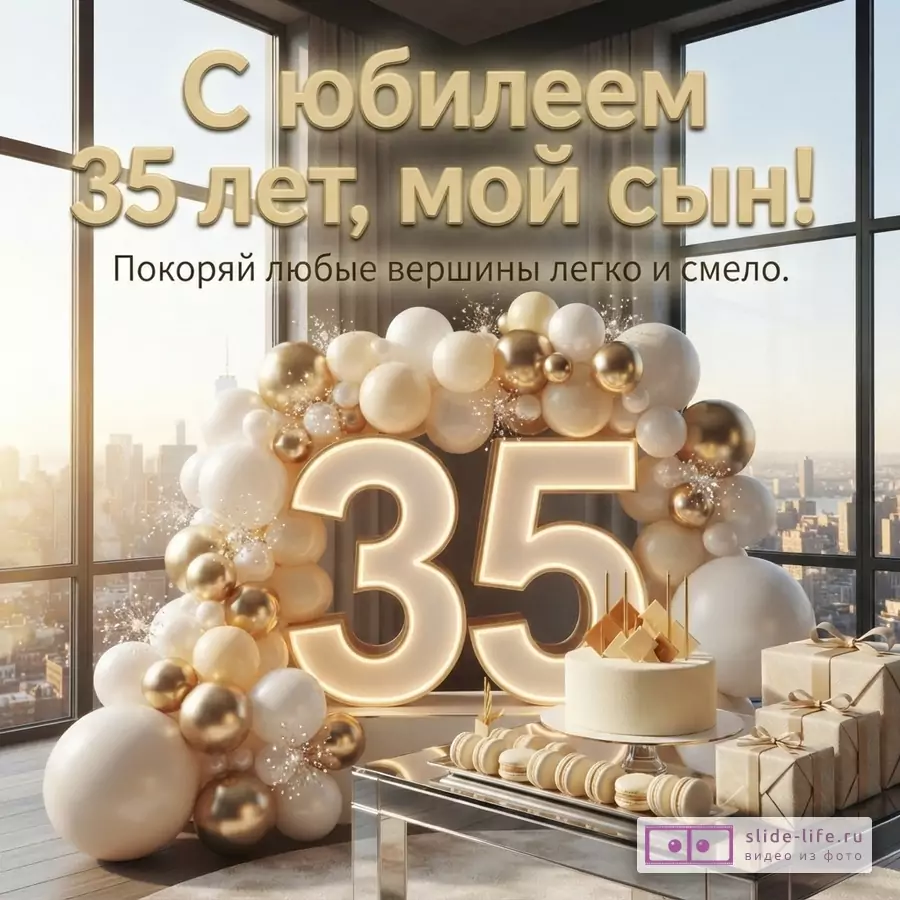Объемная светящаяся цифра 35 в окружении бежевых и золотых шаров, торт и подарки у панорамного окна с надписью «С юбилеем 35 лет, мой сын! Покоряй любые вершины легко и смело.»