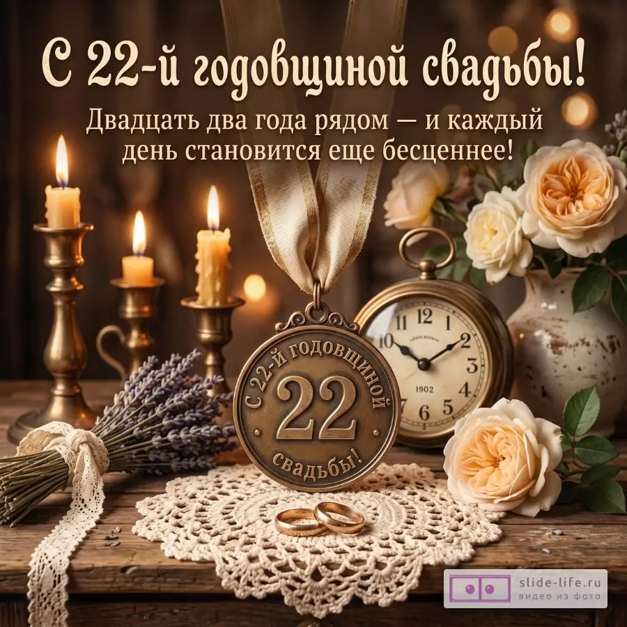 Бронзово-коричневый винтажный фон, свечи, часы, цветы, обручальные кольца и медальон. Текст: «С 22-й годовщиной свадьбы! Двадцать два года рядом — и каждый день становится еще бесценнее!»