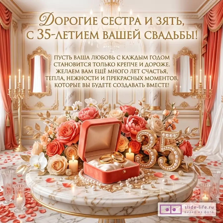 Бежево-золотой зал с коралловыми шторами, цветами, шкатулкой с кольцами и числом 35. Текст: «Дорогие сестра и зять, с 35-летием вашей свадьбы!»