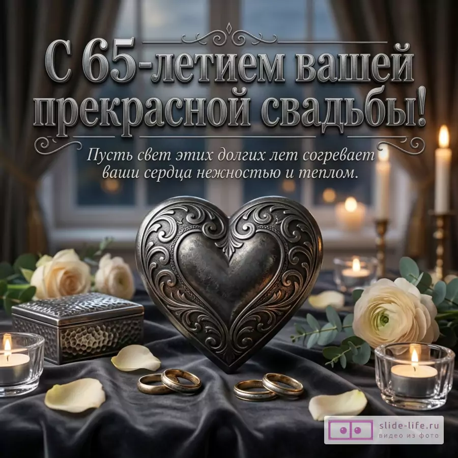 Темный интерьер с окнами и шторами, свечи, белые розы, лепестки, обручальные кольца, металлическое сердце и текст «С 65-летием вашей прекрасной свадьбы! Пусть свет этих долгих лет согревает ваши сердца нежностью и теплом.»