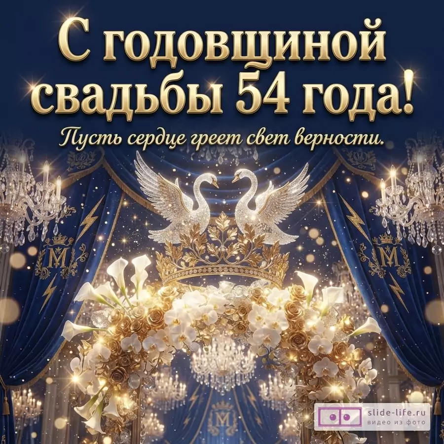 Темно-синий фон, золотые буквы. В центре арка из золотых роз, белых орхидей и калл, над ней золотая корона с двумя лебедями. «С годовщиной свадьбы 54 года! Пусть сердце греет свет верности.»