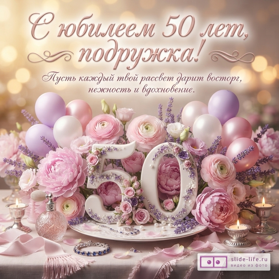 Открытка с размытым золотистым фоном, на переднем плане композиция из розовых и сиреневых цветов, воздушных шаров, цифр «50», флакона духов, браслета и горящих свечей. Текст: «С юбилеем 50 лет, подружка! Пусть каждый твой рассвет дарит восторг, нежность и вдохновение.»