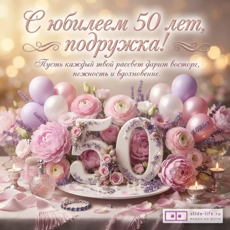 Открытка с размытым золотистым фоном, на переднем плане композиция из розовых и сиреневых цветов, воздушных шаров, цифр «50», флакона духов, браслета и горящих свечей. Текст: «С юбилеем 50 лет, подружка! Пусть каждый твой рассвет дарит восторг, нежность и вдохновение.»