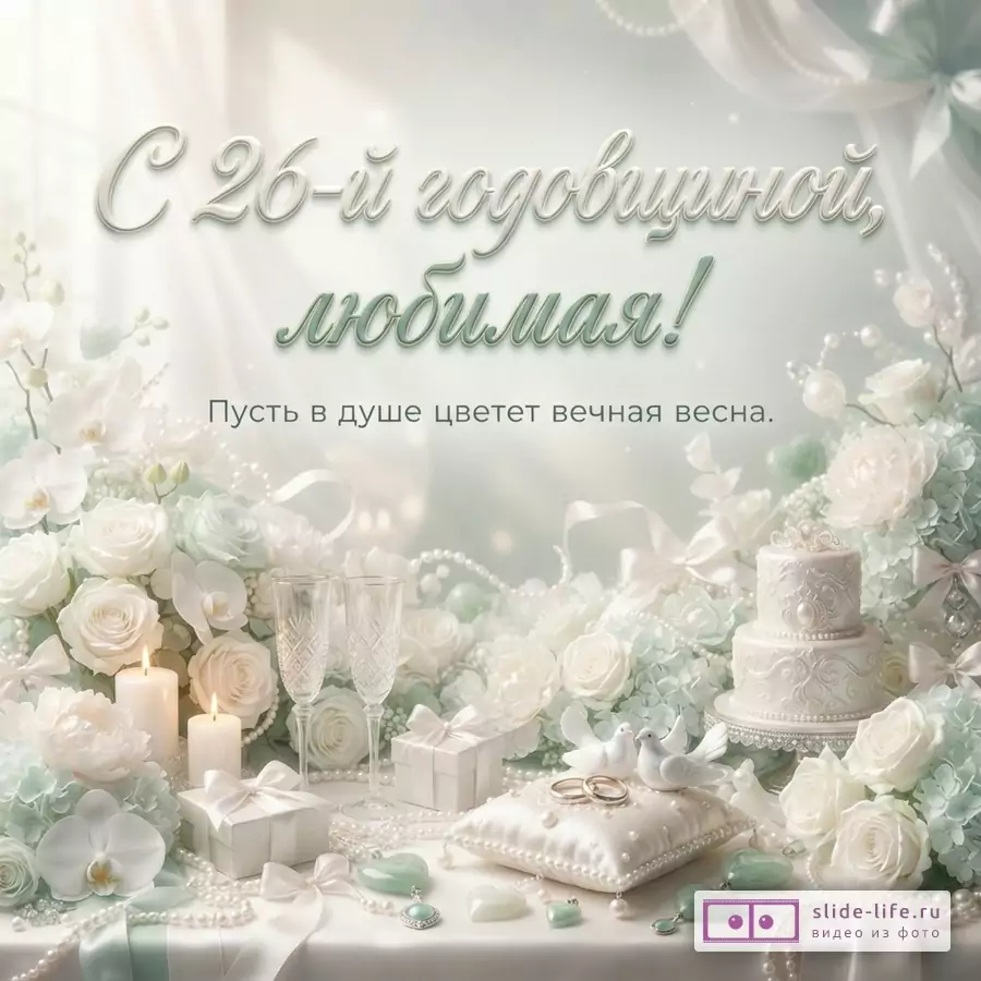 Светлый фон, бело-мятные цветы, свечи, бокалы, подарки, жемчуг и двухъярусный торт. Текст «С 26-й годовщиной, любимая! Пусть в душе цветет вечная весна.»
