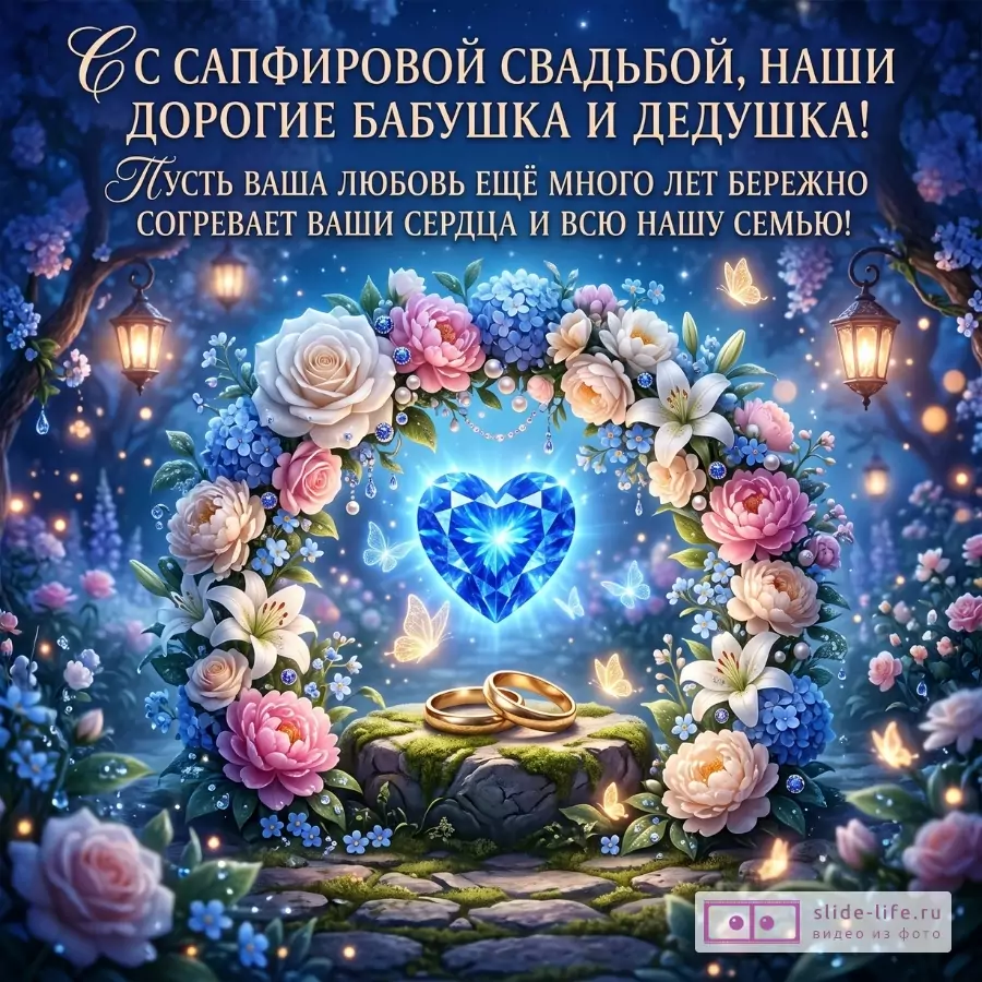 Синий фон, цветы, сапфировое сердце и кольца. Текст: «С сапфировой свадьбой, наши дорогие бабушка и дедушка! Пусть ваша любовь ещё много лет бережно согревает ваши сердца и всю нашу семью!»