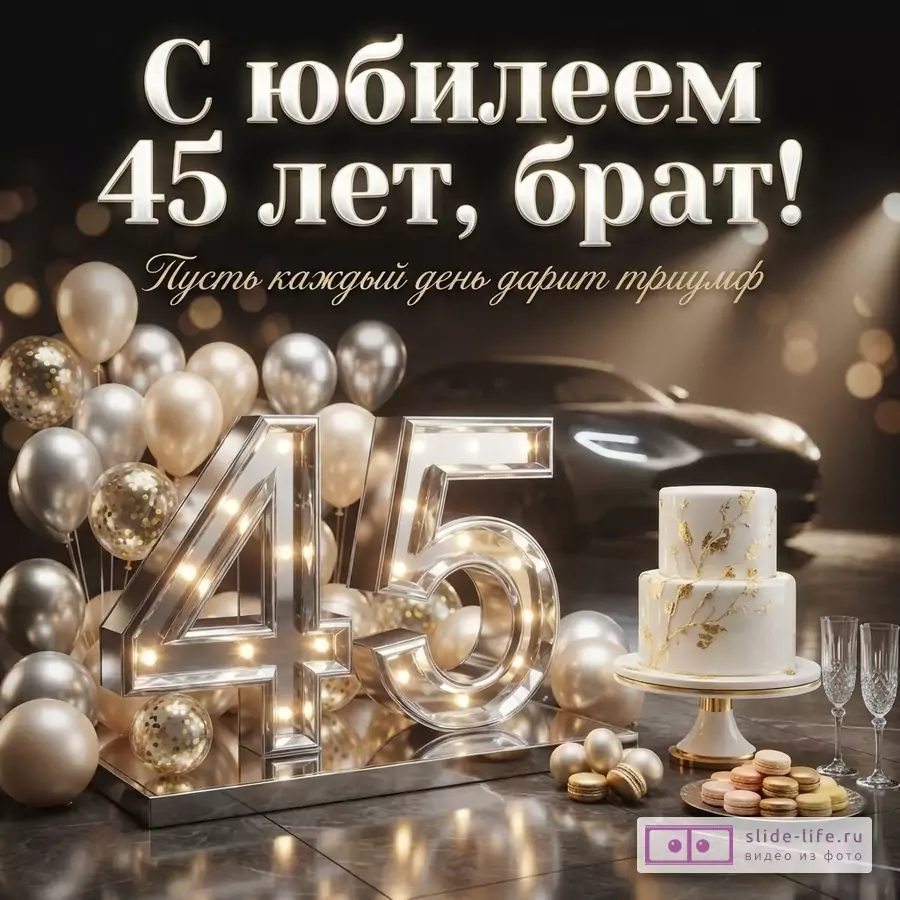 Открытка на черном фоне с золотыми и серебряными шарами, светящимися цифрами «45», тортом, макарунами и машиной на заднем плане. Текст: «С юбилеем 45 лет, брат! Пусть каждый день дарит триумф»