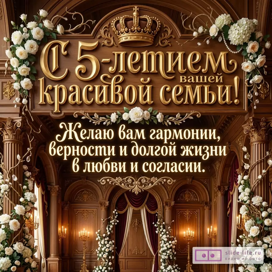 Коричневый резной дворцовый интерьер, белые цветы, золотой текст «С 5-летием вашей красивой семьи! Желаю вам гармонии, верности и долгой жизни в любви и согласии.»